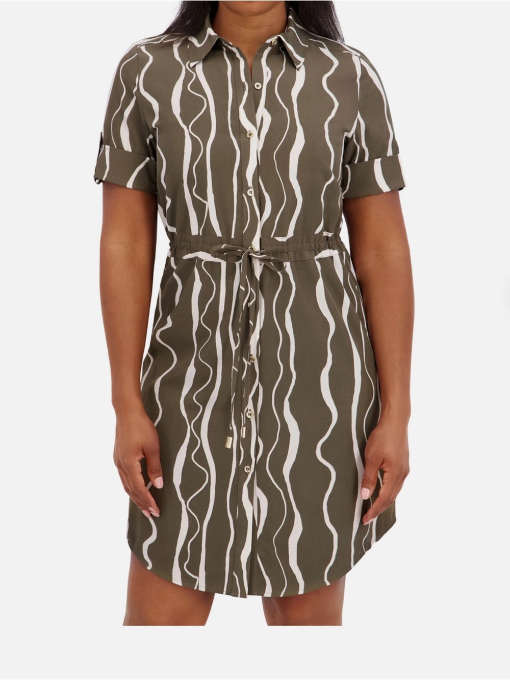 Halston Heritage Olive and Cream Wave-Print Midi Shirt Dress Size L